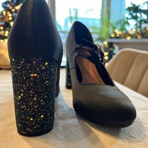 Black Mary Jane Heels ✨ | Glitter Block Heel | Ankle Strap | Size 8